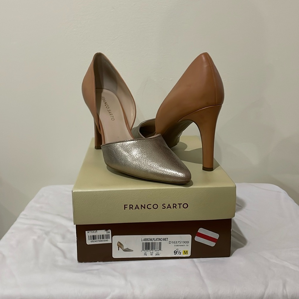 Franco Sarto silver and tan shoes (gently worn); sized 9.5; 3.5” heels